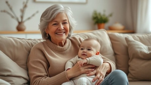 Older woman smiling while holding a baby, indoors setting.