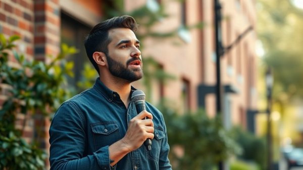 Man speaking outdoors with a microphone against a blurred urban backdrop.
