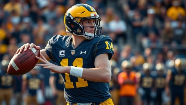 Michigan quarterback preparing a pass during a game, vivid action shot.