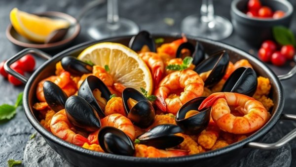 Best seafood in Michigan: exquisite seafood paella with wine.