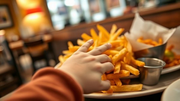 Kids eat free: child reaching for fries in Detroit area restaurant.