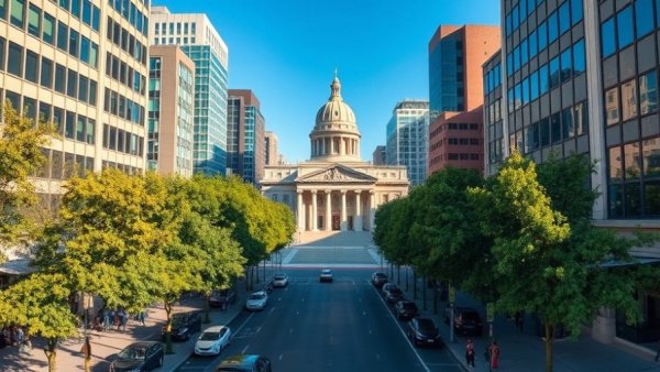 Aerial view of downtown Lansing, showcasing urban growth.