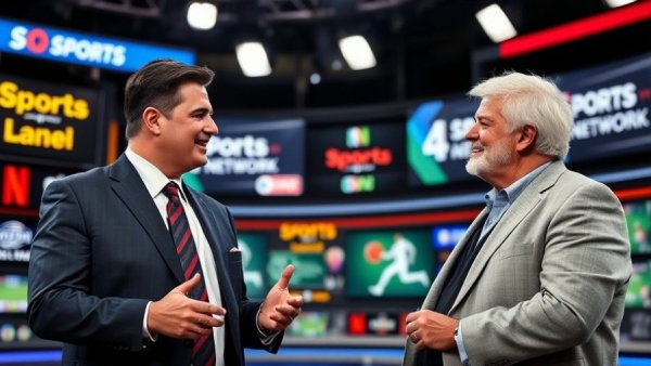 Sports studio discussion featuring two men with sports memorabilia.