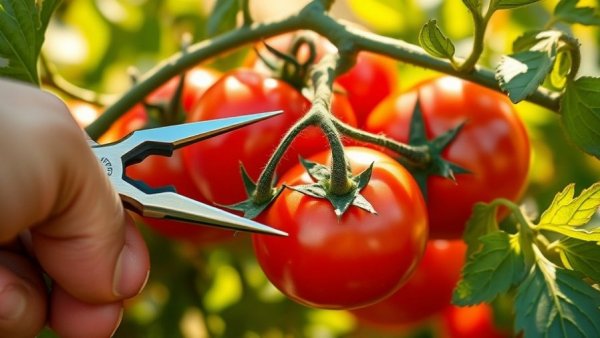 Ripe tomatoes in Michigan gardening zone, hand inspecting.