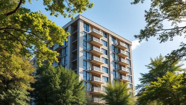 Modern apartment building with greenery, a study in fair housing environments.