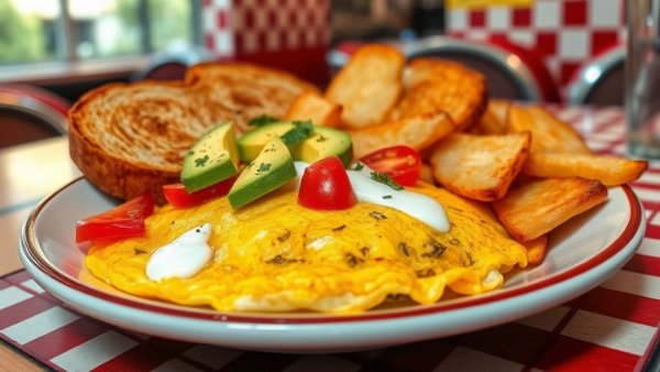Delicious omelette at Good Truckin’ Diner, featuring avocado and tomatoes.