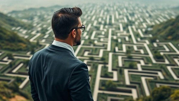 Professional contemplating a digital maze symbolizes integrated digital marketing strategy.