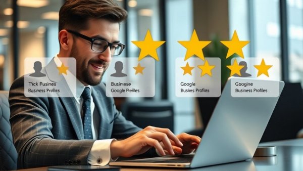 Businessman reviewing Google Business Profile reviews on laptop