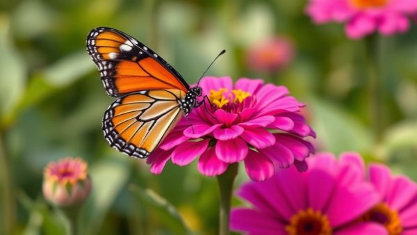 Butterfly on pink zinnia flower, ideal for attracting butterflies and hummingbirds.
