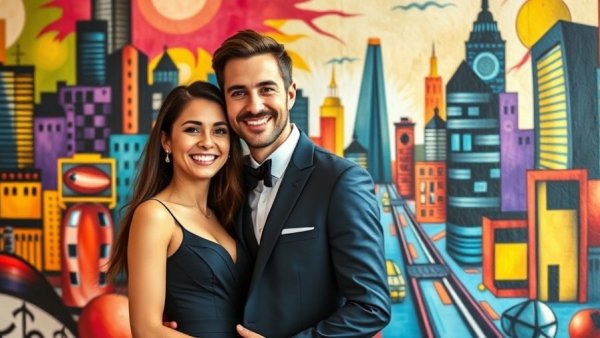 Elegant couple at Michigan cancer awareness event, vibrant mural backdrop