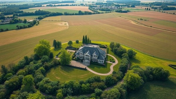 Aerial view of luxurious home in Torquay with surrounding fields.