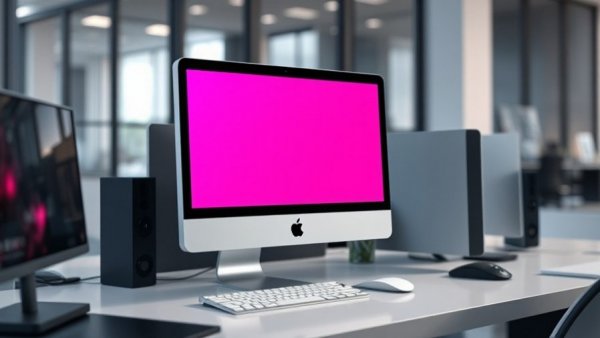 Sleek Apple desktop computer on modern desk, pink screens in background.