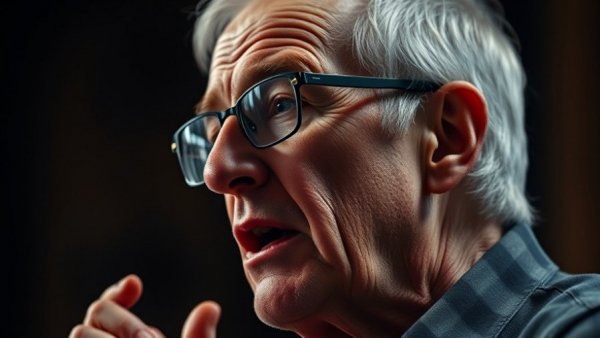 Elderly man speaking about AI impact on productivity, focused expression.
