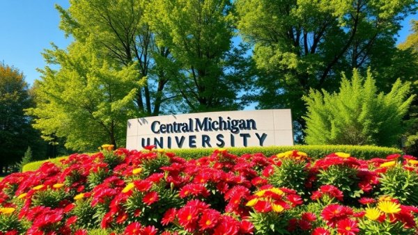 Central Michigan University sign with vibrant flower bed, depicting CMU enrollment crisis.