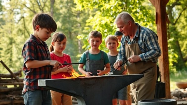 Children watching blacksmith at Farm History Day Michigan, outdoor setting.