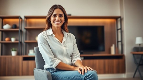 Confident woman in casual attire sitting in modern office.