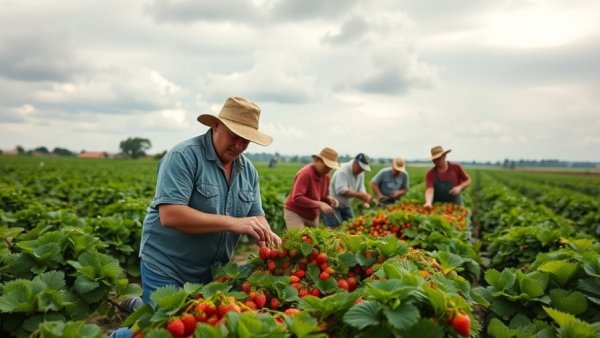 Farmers harvesting strawberries on a Michigan farm to table adventure.
