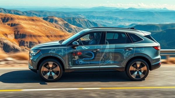 Transparent SUV reveals range-extending automotive powertrain on mountain road.