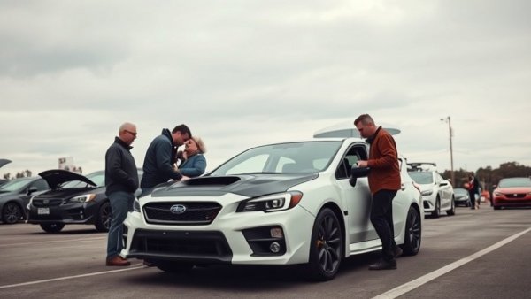 Ferris State University car show with people viewing a white Subaru.