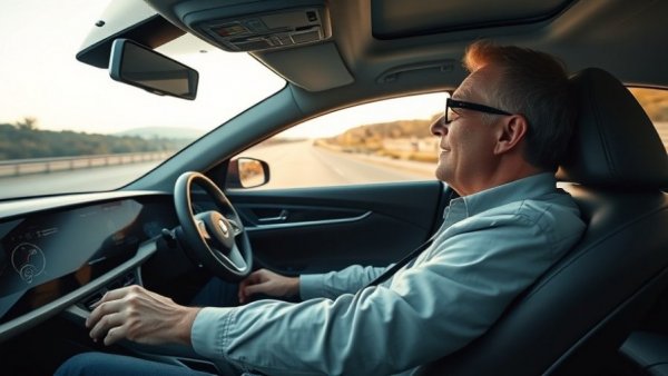 Man enjoys a movie in a self-driving car, symbolizing the self-driving technology shift.