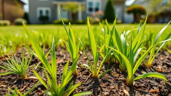 Lawn care services Shelby MI; young plants in residential lawn.