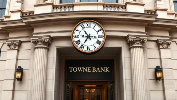 Towne Bank building with large clock, resort property management division sale.