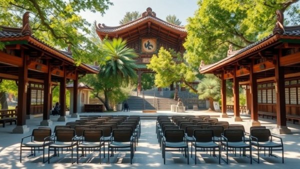 Martial arts training center with chairs and trees outside.