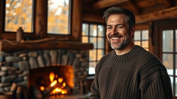 Caucasian man smiling by a rustic cabin fireplace.