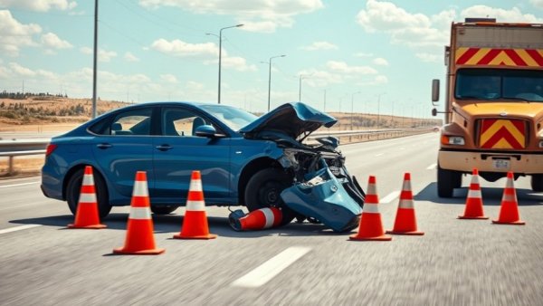 Highway collision scene involving construction truck and damaged blue car.
