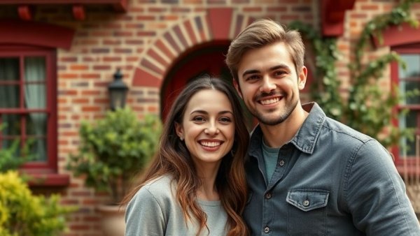 Smiling young couple in front of charming brick house for Michigan homes for sale.