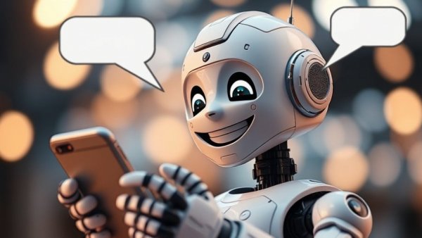 3D robot chatbot interacting on a smartphone for AI chatbots customer service.