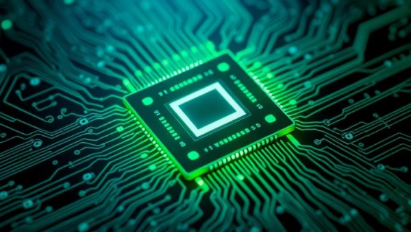 Futuristic microchip design symbolizing AI's impact on TSMC business.