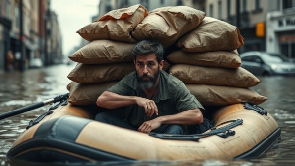 Man recovering from Cadillac flooding by loading sandbags onto a boat.