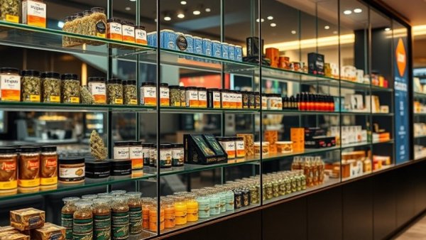 Cannabis sales in Michigan display showcasing vapes and products.