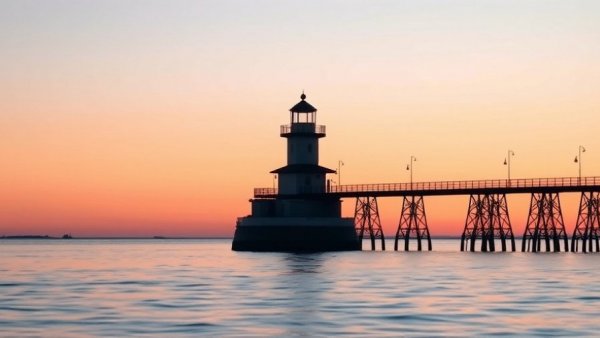 Lighthouse at sunset in Michigan City travel guide.