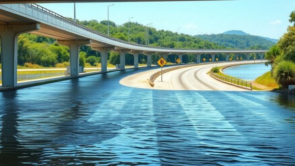 Flooded Michigan road under overpass with travel tips sign