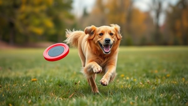 First female Zeke the Wonderdog joyfully running with a frisbee.