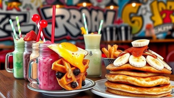 Colorful milkshakes and breakfast dishes at Grand Rapids All-Day Breakfast Joint.