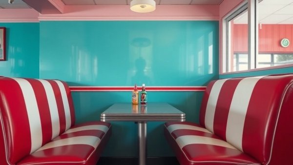 Michigan diners tipping trends scene, retro booth with color contrast.