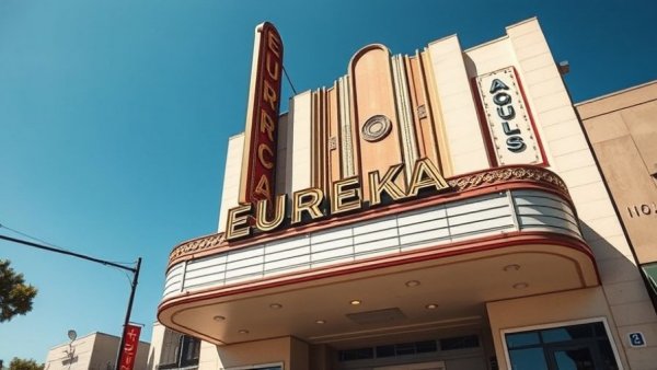 Art Deco theater facade with 'Eureka' sign under blue sky, vintage style.
