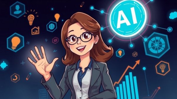 AI startups illustration featuring businesswoman and innovation symbols.