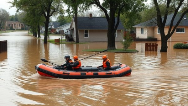 Rescue team aiding flooded Michigan home, emphasizing safety advice
