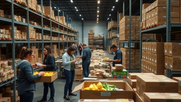 Volunteers sorting food in Michigan warehouse, community service.