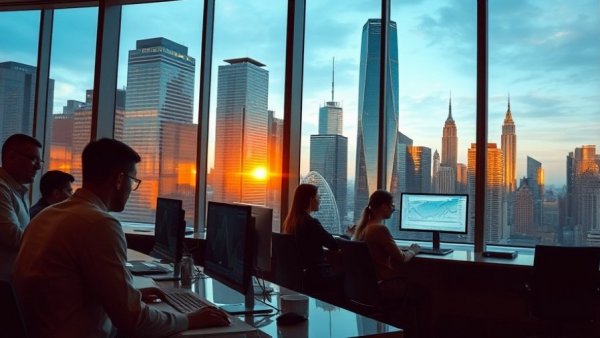 Professionals working in modern office with cityscape view, related to Kymeta CMMC Level 2 Certification.