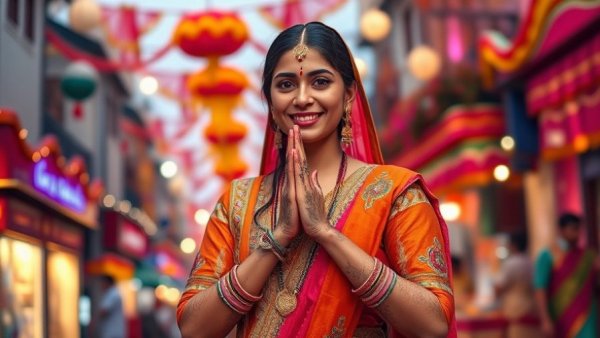 Cultural Sensitivity in Artistic Expression: Woman in festive attire greeting.
