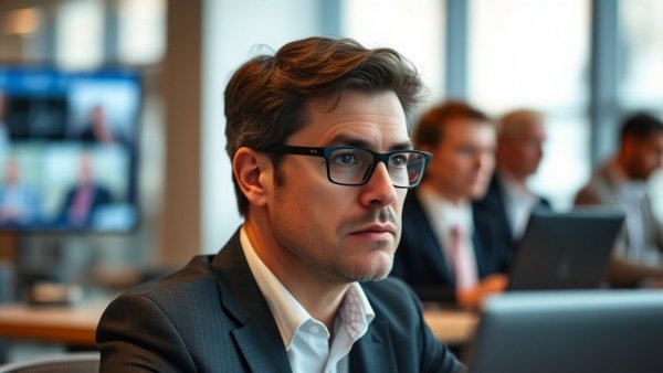 Businessman watching an online webinar in an office environment.