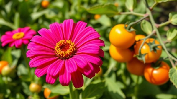 Companion planting in a small garden with zinnias and tomatoes.
