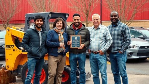 People with Hyundai construction plaque by equipment in Michigan.