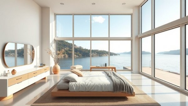 Luxurious bedroom with water view in a luxury suburb highlighting extra bedroom cost.