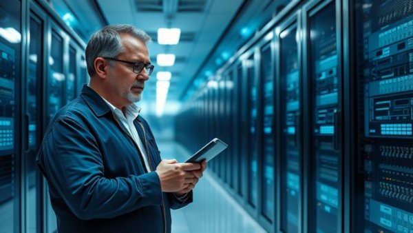 Man inspecting servers in sleek data center highlighting AI access and ESG risks.